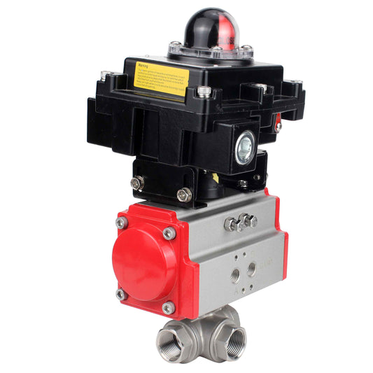 Válvula de bola de acero inoxidable DNOVA RP.SS316.200.MM.ISO 914 PSI roscada, puerto estándar, tres vías, tipo L, material del cuerpo - acero inoxidable AISI 316, actuador neumático DA, bloque de interruptores de límite APL-410N EX