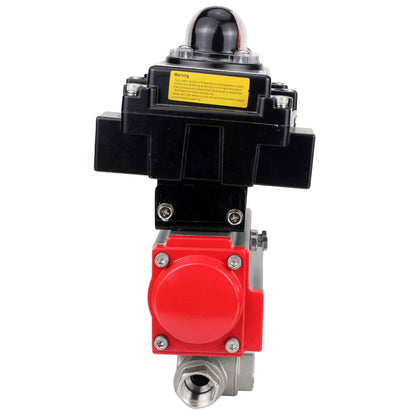 Stainless steel ball valve DNOVA RP.SS316.200.MM.ISO 914 PSI threaded, standard port, three way, L-type, body material - stainless steel AISI 316, pneumatic actuator DA, limit switch block APL-410N EX