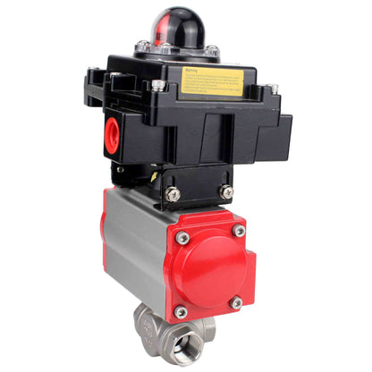 Stainless steel ball valve DNOVA RP.SS316.200.MM.ISO 914 PSI threaded, standard port, three way, L-type, body material - stainless steel AISI 316, pneumatic actuator DA, limit switch block APL-410N EX