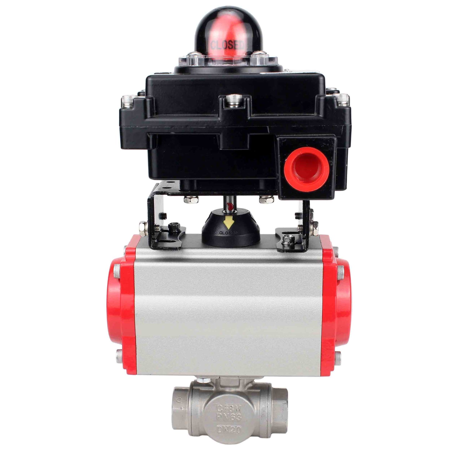 Stainless steel ball valve DNOVA RP.SS316.200.MM.ISO 914 PSI threaded, standard port, three way, L-type, body material - stainless steel AISI 316, pneumatic actuator DA, limit switch block APL-410N EX