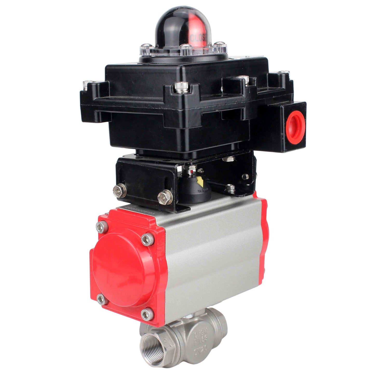 Stainless steel ball valve DNOVA RP.SS316.200.MM.ISO 914 PSI threaded, standard port, three way, L-type, body material - stainless steel AISI 316, pneumatic actuator DA, limit switch block APL-410N EX