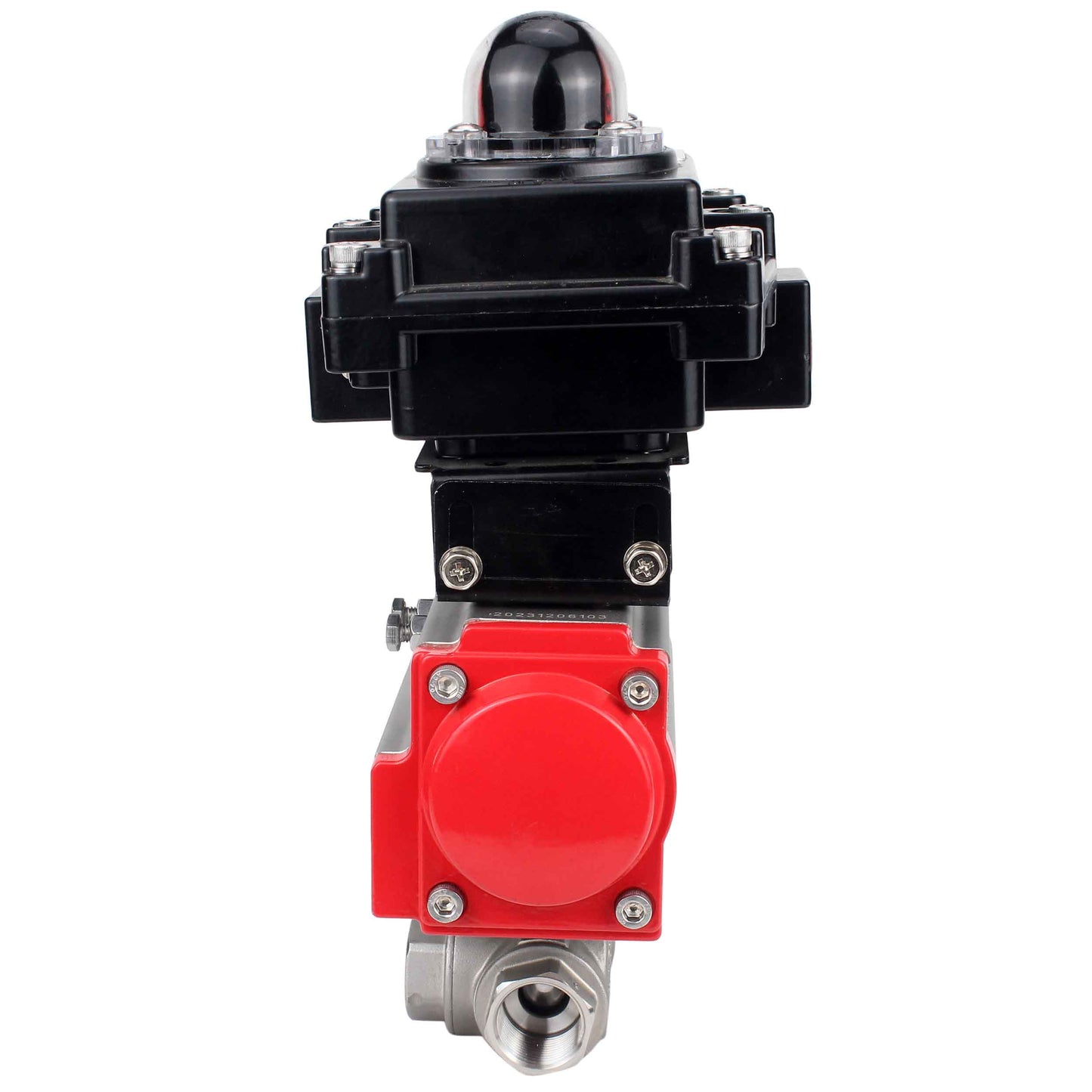 Stainless steel ball valve DNOVA RP.SS316.200.MM.ISO 914 PSI threaded, standard port, three way, L-type, body material - stainless steel AISI 316, pneumatic actuator DA, limit switch block APL-410N EX