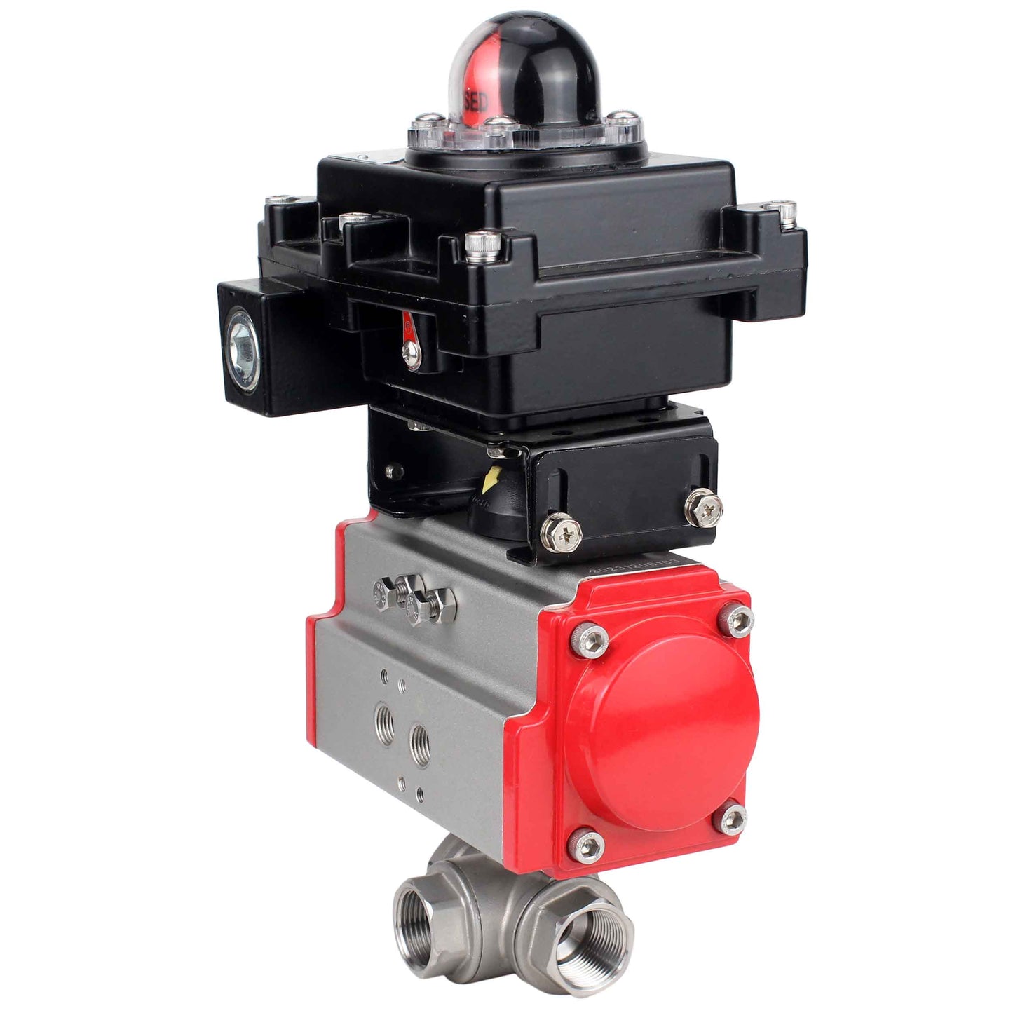 Stainless steel ball valve DNOVA RP.SS316.200.MM.ISO 914 PSI threaded, standard port, three way, L-type, body material - stainless steel AISI 316, pneumatic actuator DA, limit switch block APL-410N EX