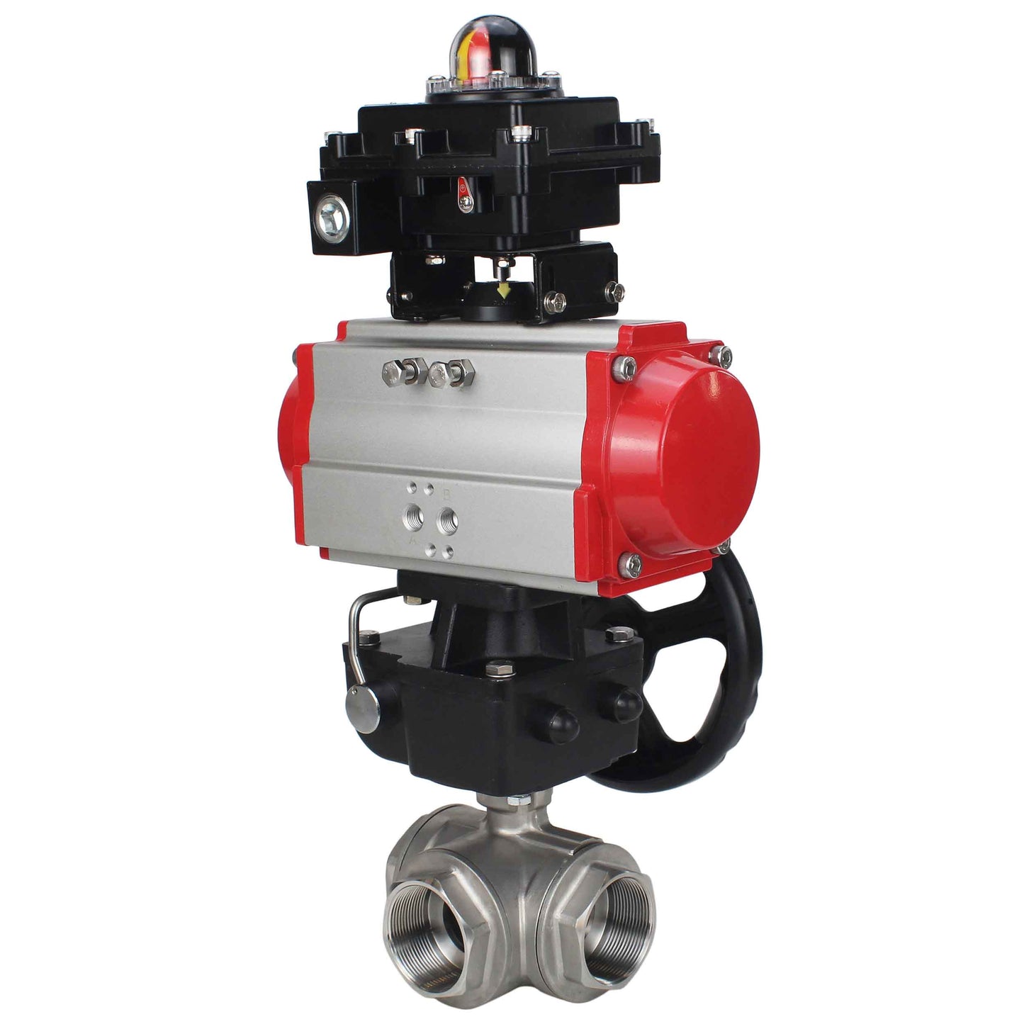 Stainless steel ball valve DNOVA RP.SS316.200.MM.ISO 914 PSI threaded, standard port, three way, L-type, body material - stainless steel AISI 316, pneumatic actuator DA, limit switch block APL-410N EX, manual override HDM