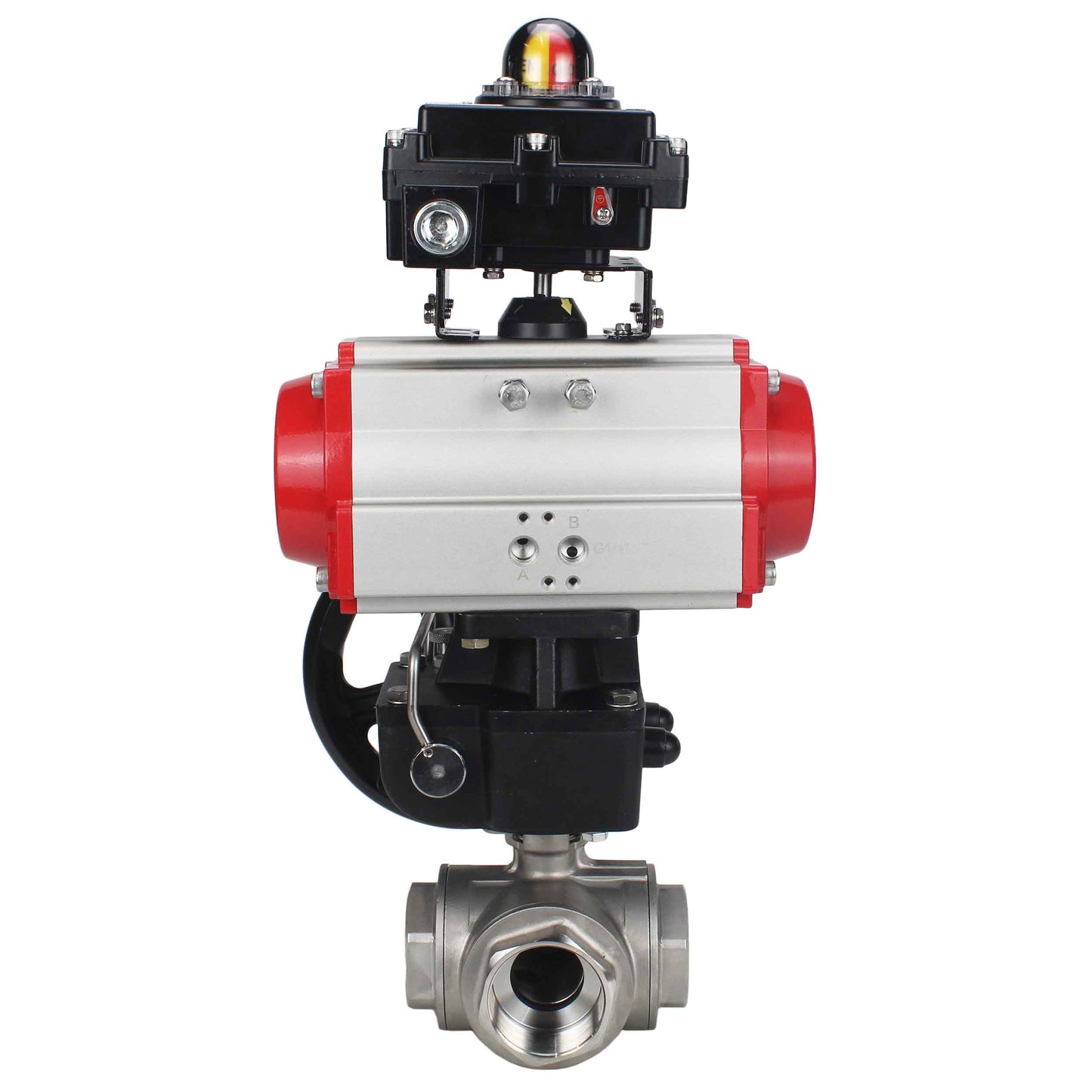 Stainless steel ball valve DNOVA RP.SS316.200.MM.ISO 914 PSI threaded, standard port, three way, L-type, body material - stainless steel AISI 316, pneumatic actuator DA, limit switch block APL-410N EX, manual override HDM