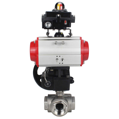 Stainless steel ball valve DNOVA RP.SS316.200.MM.ISO 914 PSI threaded, standard port, three way, L-type, body material - stainless steel AISI 316, pneumatic actuator DA, limit switch block APL-410N EX, manual override HDM