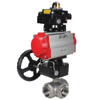 Stainless steel ball valve DNOVA RP.SS316.200.MM.ISO 914 PSI threaded, standard port, three way, L-type, body material - stainless steel AISI 316, pneumatic actuator DA, limit switch block APL-410N EX, manual override HDM