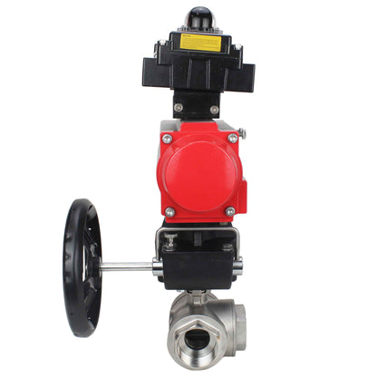 Stainless steel ball valve DNOVA RP.SS316.200.MM.ISO 914 PSI threaded, standard port, three way, L-type, body material - stainless steel AISI 316, pneumatic actuator DA, limit switch block APL-410N EX, manual override HDM