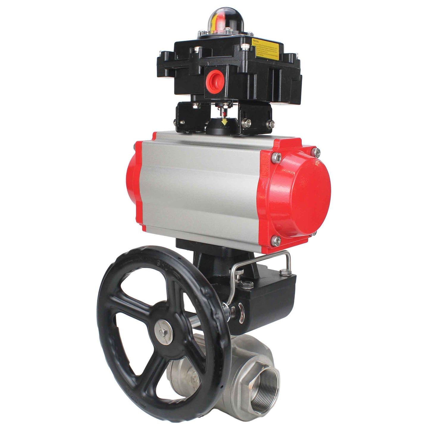 Stainless steel ball valve DNOVA RP.SS316.200.MM.ISO 914 PSI threaded, standard port, three way, L-type, body material - stainless steel AISI 316, pneumatic actuator DA, limit switch block APL-410N EX, manual override HDM