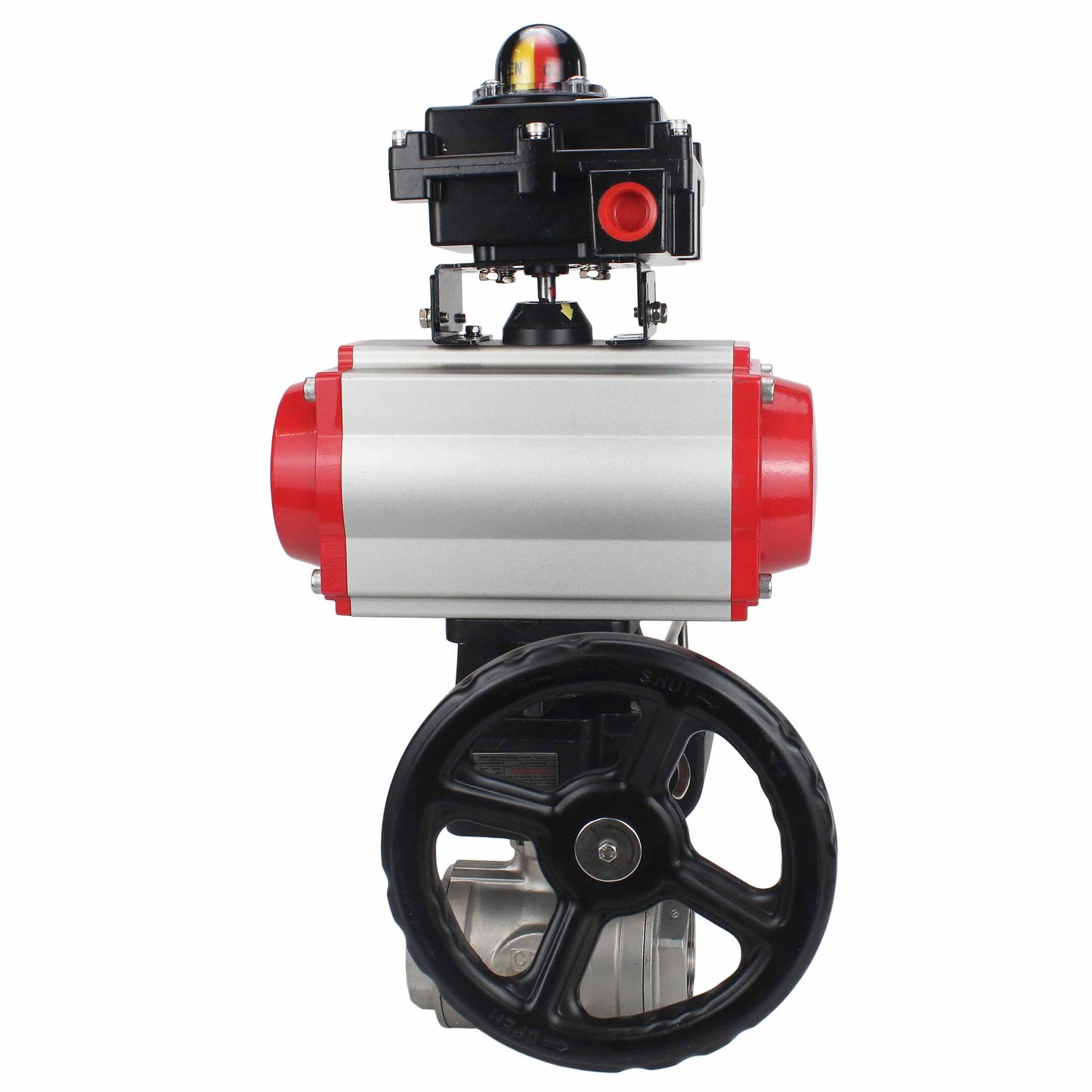 Stainless steel ball valve DNOVA RP.SS316.200.MM.ISO 914 PSI threaded, standard port, three way, L-type, body material - stainless steel AISI 316, pneumatic actuator DA, limit switch block APL-410N EX, manual override HDM