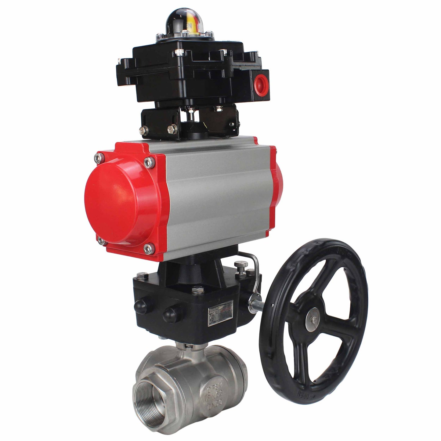 Stainless steel ball valve DNOVA RP.SS316.200.MM.ISO 914 PSI threaded, standard port, three way, L-type, body material - stainless steel AISI 316, pneumatic actuator DA, limit switch block APL-410N EX, manual override HDM