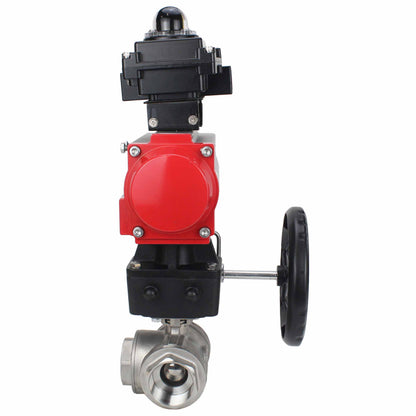 Stainless steel ball valve DNOVA RP.SS316.200.MM.ISO 914 PSI threaded, standard port, three way, L-type, body material - stainless steel AISI 316, pneumatic actuator DA, limit switch block APL-410N EX, manual override HDM
