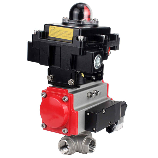 Stainless steel ball valve DNOVA RP.SS316.200.MM.ISO 914 PSI threaded, standard port, three way, L-type, body material - stainless steel AISI 316, pneumatic actuator DA, pneumatic distributor 4M310-08 24V, limit switch block APL-410N EX