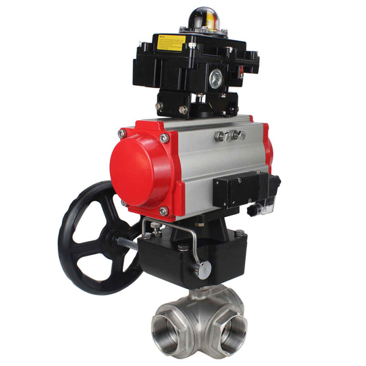 Stainless steel ball valve DNOVA RP.SS316.200.MM.ISO 914 PSI threaded, standard port, three way, L-type, body material - stainless steel AISI 316, pneumatic actuator DA, pneumatic distributor 4M310-08 220V, limit switch block APL-410N EX, manual