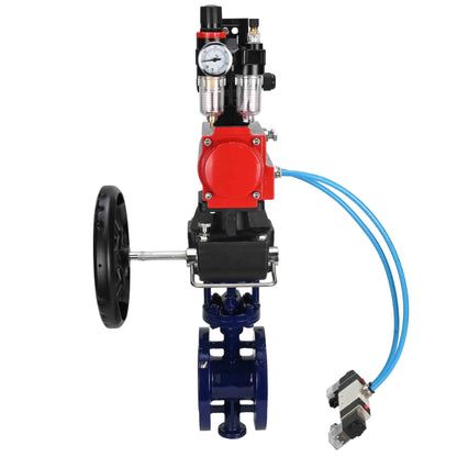 Water Butterfly Valve DNOVA WBV3EX-3432M-1W-F-ISO, body material - Carbon steel, disk material - Stainless steel AISI 316, seal - Metal, pneumatic actuator PA-DA double action, 4V320-08 220V, LSU APL-210N, handwheel MON, ATU AFC2000