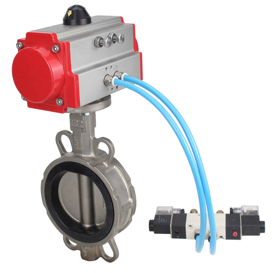 Válvula de mariposa de agua DNOVA WBV3131E-2W-Fb-H, material del cuerpo - Acero inoxidable AISI 304, material del disco - Acero inoxidable AISI 304, junta - EPDM, actuador neumático PA-DA doble acción, 4V320-10 220V