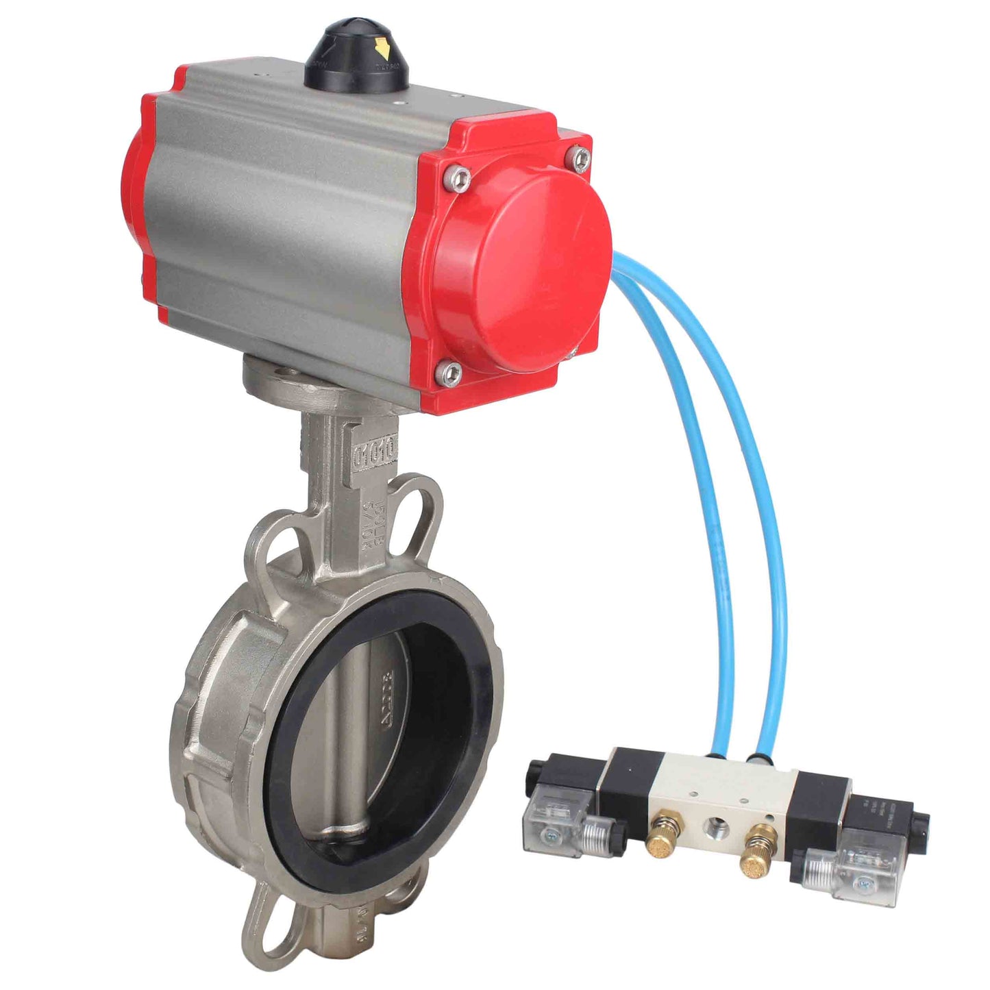 Válvula de mariposa de agua DNOVA WBV3131E-2W-Fb-H, material del cuerpo - Acero inoxidable AISI 304, material del disco - Acero inoxidable AISI 304, junta - EPDM, actuador neumático PA-DA doble acción, 4V320-08 220V
