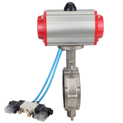 Válvula de mariposa de agua DNOVA WBV3131E-2W-Fb-H, material del cuerpo - Acero inoxidable AISI 304, material del disco - Acero inoxidable AISI 304, junta - EPDM, actuador neumático PA-DA doble acción, 4V320-08 220V