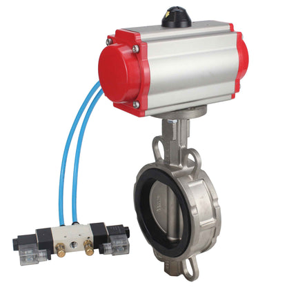Válvula de mariposa de agua DNOVA WBV3131E-2W-Fb-H, material del cuerpo - Acero inoxidable AISI 304, material del disco - Acero inoxidable AISI 304, junta - EPDM, actuador neumático PA-DA doble acción, 4V320-08 220V