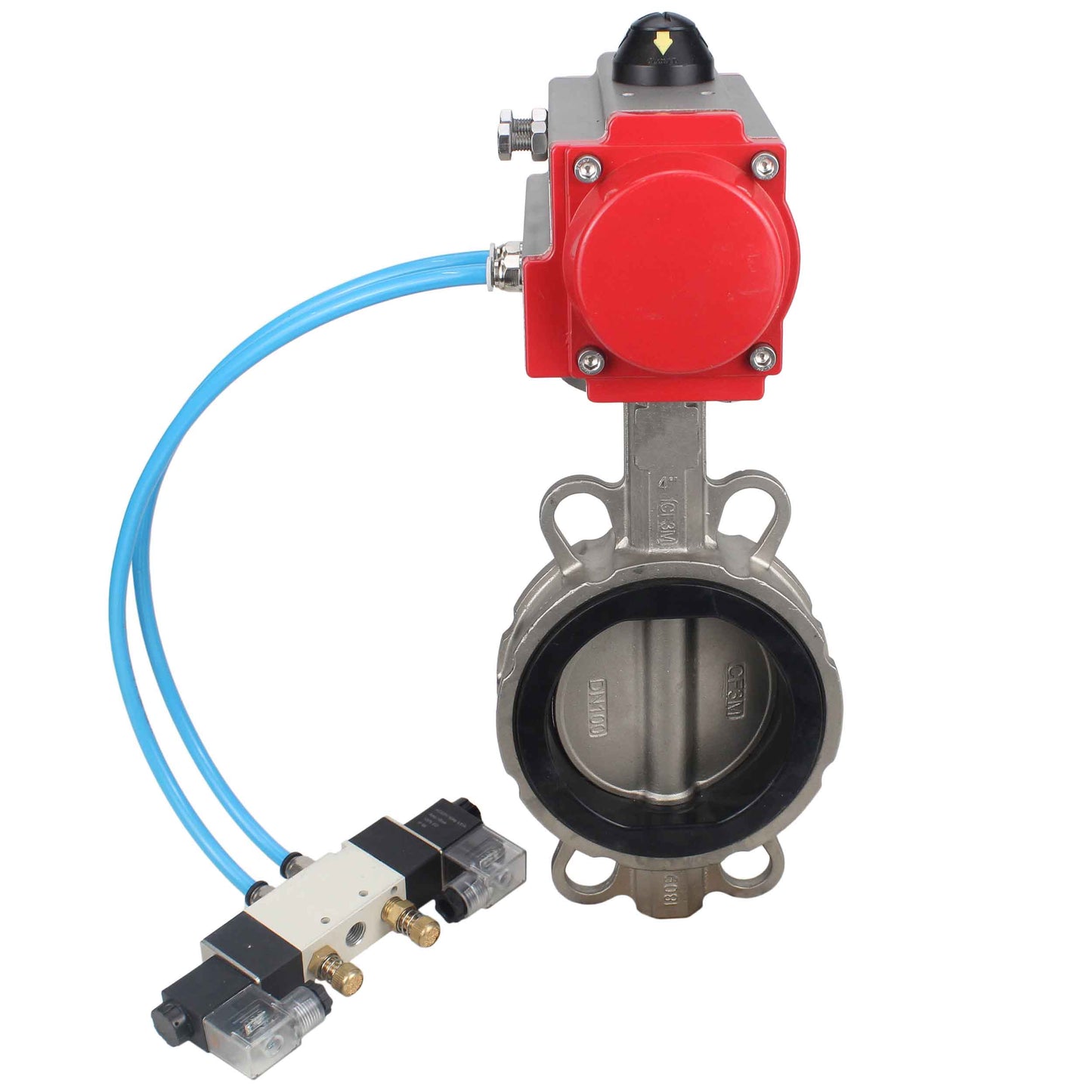 Válvula de mariposa de agua DNOVA WBV3131E-2W-Fb-H, material del cuerpo - Acero inoxidable AISI 304, material del disco - Acero inoxidable AISI 304, junta - EPDM, actuador neumático PA-DA doble acción, 4V320-08 220V