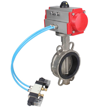 Válvula de mariposa de agua DNOVA WBV3131E-2W-Fb-H, material del cuerpo - Acero inoxidable AISI 304, material del disco - Acero inoxidable AISI 304, junta - EPDM, actuador neumático PA-DA doble acción, 4V320-08 220V