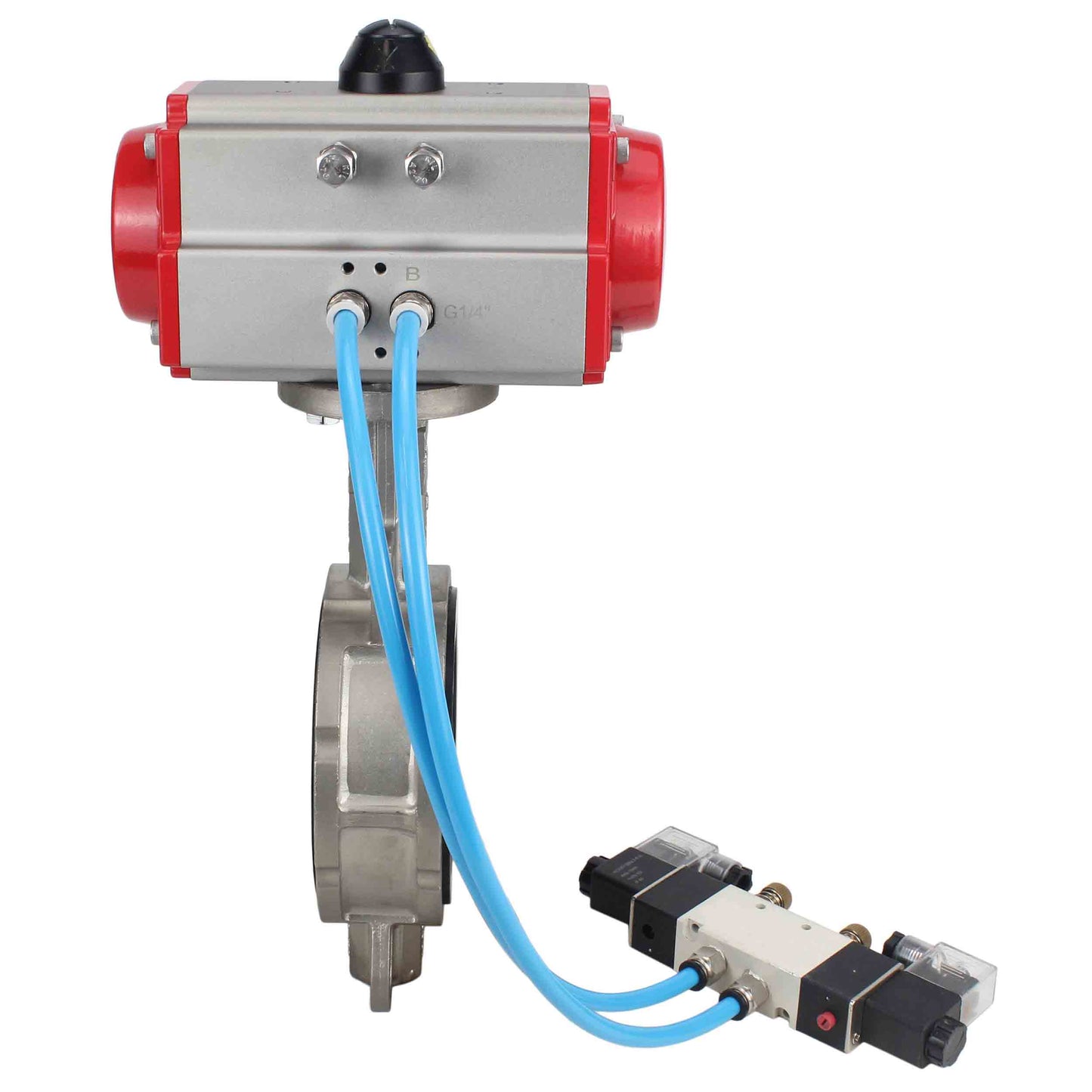 Válvula de mariposa de agua DNOVA WBV3131E-2W-Fb-H, material del cuerpo - Acero inoxidable AISI 304, material del disco - Acero inoxidable AISI 304, junta - EPDM, actuador neumático PA-DA doble acción, 4V320-08 220V