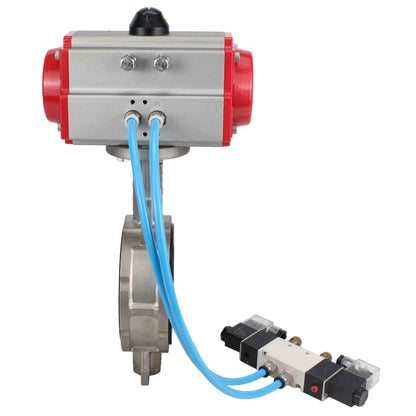 Válvula de mariposa de agua DNOVA WBV3131E-2W-Fb-H, material del cuerpo - Acero inoxidable AISI 304, material del disco - Acero inoxidable AISI 304, junta - EPDM, actuador neumático PA-DA doble acción, 4V320-08 220V