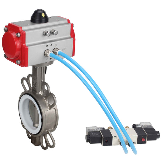 Válvula de mariposa de agua DNOVA WBV3131P-2W-Fb-H, material del cuerpo: acero inoxidable AISI 304, material del disco: acero inoxidable AISI 304, junta: PTFE, actuador neumático PA-SA con resortes de retorno, 4V320-10 220V