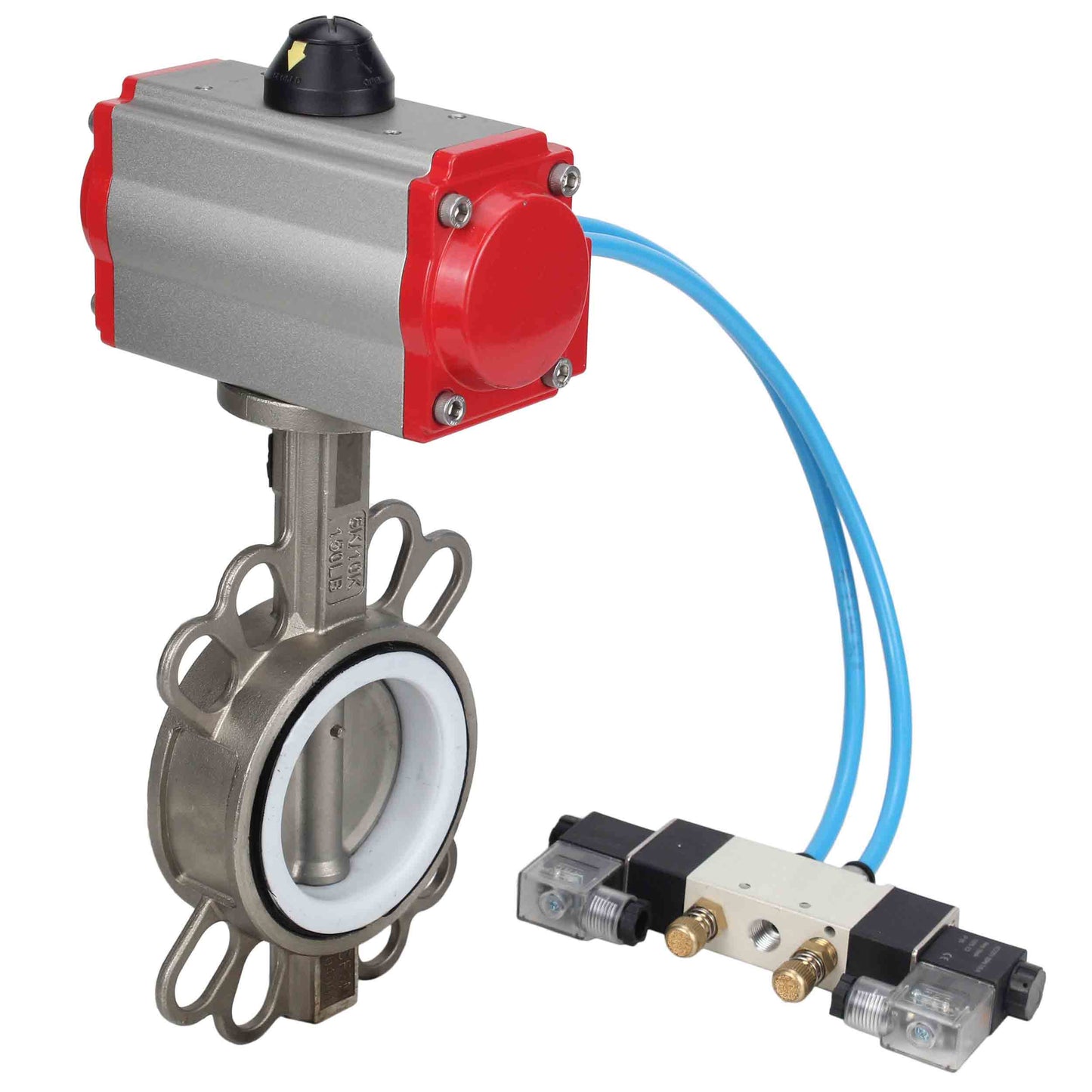 Válvula de mariposa de agua DNOVA WBV3131P-2W-Fb-H, material del cuerpo - Acero inoxidable AISI 304, material del disco - Acero inoxidable AISI 304, sello - PTFE, actuador neumático PA-DA doble acción, 4V320-10 220V