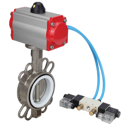 Válvula de mariposa de agua DNOVA WBV3131P-2W-Fb-H, material del cuerpo - Acero inoxidable AISI 304, material del disco - Acero inoxidable AISI 304, sello - PTFE, actuador neumático PA-DA doble acción, 4V320-10 220V