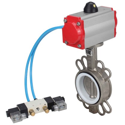 Válvula de mariposa de agua DNOVA WBV3131P-2W-Fb-H, material del cuerpo - Acero inoxidable AISI 304, material del disco - Acero inoxidable AISI 304, sello - PTFE, actuador neumático PA-DA doble acción, 4V320-10 220V