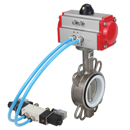 Válvula de mariposa de agua DNOVA WBV3131P-2W-Fb-H, material del cuerpo - Acero inoxidable AISI 304, material del disco - Acero inoxidable AISI 304, sello - PTFE, actuador neumático PA-DA doble acción, 4V320-08 220V