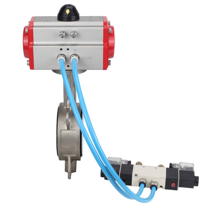 Válvula de mariposa de agua DNOVA WBV3131P-2W-Fb-H, material del cuerpo - Acero inoxidable AISI 304, material del disco - Acero inoxidable AISI 304, sello - PTFE, actuador neumático PA-DA doble acción, 4V320-08 220V