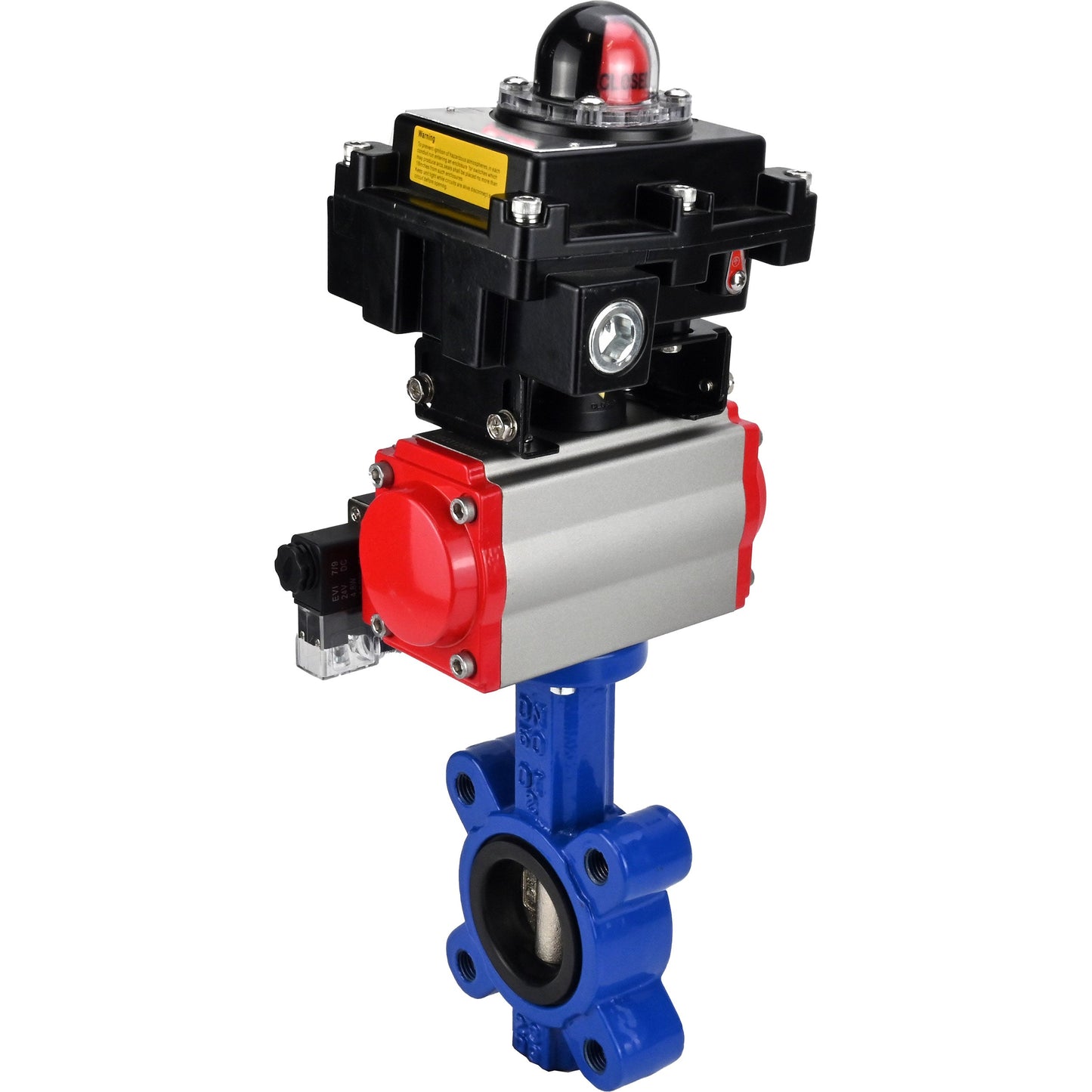 Válvula de mariposa de agua DNOVA WBV1616E-2W-Fb-H, material del cuerpo: hierro fundido QT450, material del disco: hierro fundido QT450, sello: EPDM, actuador neumático PA-SA con resortes de retorno, 4M310-08 220 V, LSU APL-410N EX