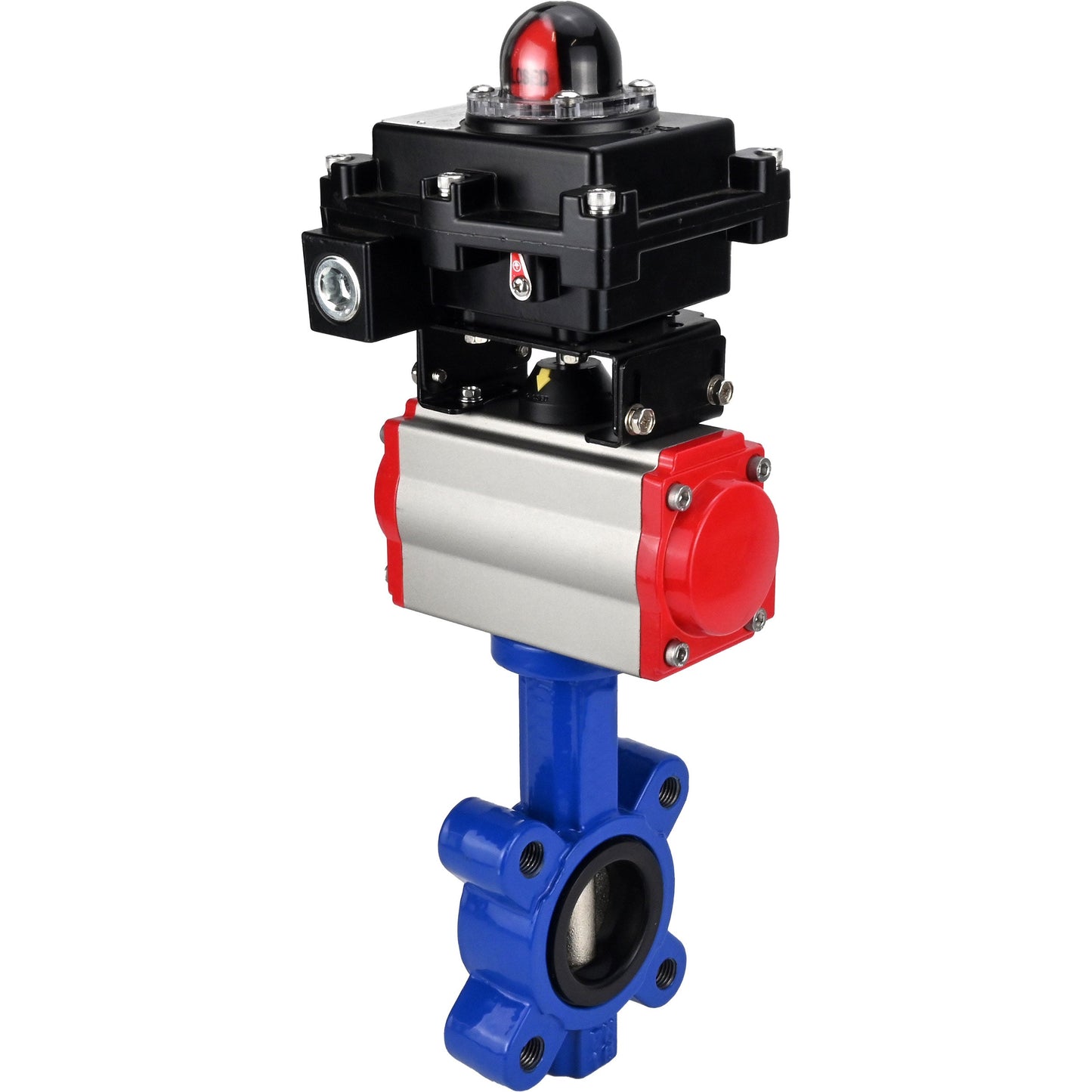 Válvula de mariposa de agua DNOVA WBV1616E-2W-Fb-H, material del cuerpo: hierro fundido QT450, material del disco: hierro fundido QT450, sello: EPDM, actuador neumático PA-DA de doble acción, 4M310-08 24 V, LSU APL-410N EX