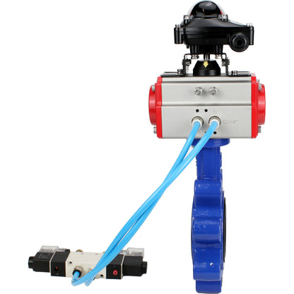 Válvula de mariposa de agua DNOVA WBV1616E-2W-Fb-H, material del cuerpo: hierro fundido QT450, material del disco: hierro fundido QT450, sello: EPDM, actuador neumático PA-DA de doble acción, 4V320-10 220V, LSU APL-210N