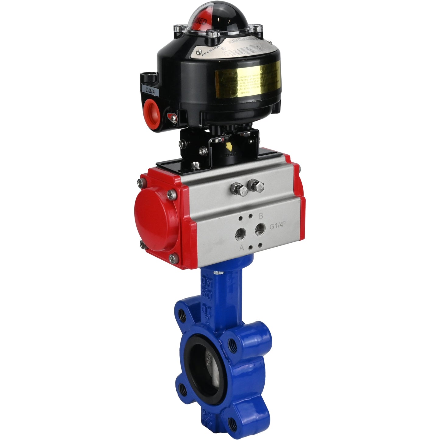 Válvula de mariposa de agua DNOVA WBV1616E-2W-Fb-H, material del cuerpo: hierro fundido QT450, material del disco: hierro fundido QT450, sello: EPDM, actuador neumático PA-SA con resortes de retorno, LSU APL-510N EX