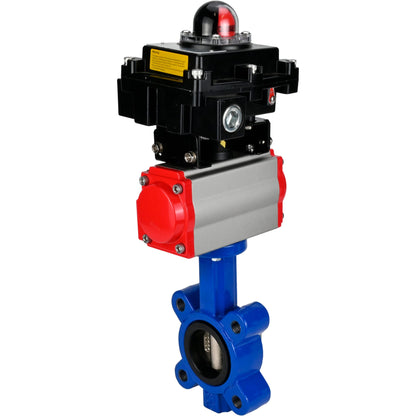 Válvula de mariposa de agua DNOVA WBV1616N-2W-Fb-H, material del cuerpo: hierro fundido QT450, material del disco: hierro fundido QT450, sello: NBR, actuador neumático PA-SA con resortes de retorno, LSU APL-410N EX