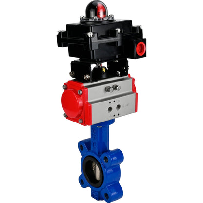 Válvula de mariposa de agua DNOVA WBV1616N-2W-Fb-H, material del cuerpo: hierro fundido QT450, material del disco: hierro fundido QT450, sello: NBR, actuador neumático PA-SA con resortes de retorno, LSU APL-410N EX
