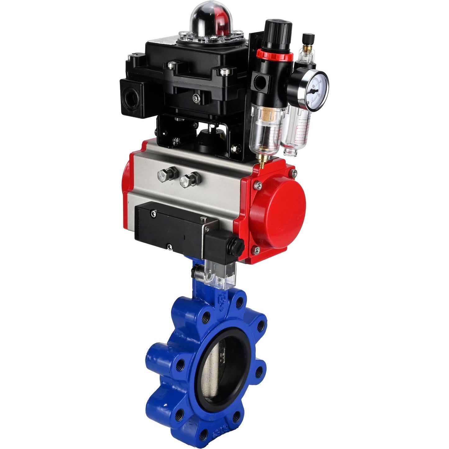 صمام فراشة الماء DNOVA WBV1616E-2W-Fb-H، مادة الهيكل: حديد زهر QT450، مادة القرص: حديد زهر QT450، الختم: EPDM، مشغل هوائي PA-SA مع نوابض رجوع، 4M310-08 220 فولت، LSU APL-410N EX، ATU AFC2000