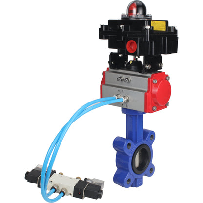Válvula de mariposa de agua DNOVA WBV1616N-2W-Fb-H, material del cuerpo: hierro fundido QT450, material del disco: hierro fundido QT450, sello: NBR, actuador neumático PA-DA doble acción, 4V320-10 220V, LSU APL-410N EX
