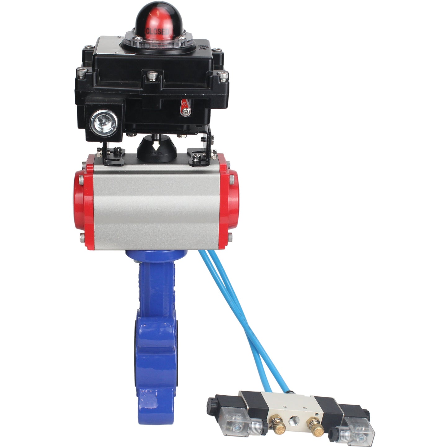 Válvula de mariposa de agua DNOVA WBV1616E-2W-Fb-H, material del cuerpo: fundición gris QT450, material del disco: fundición gris QT450, sello: EPDM, actuador neumático PA-SA con resortes de retorno, 4V320-08 220 V, LSU APL-410N EX