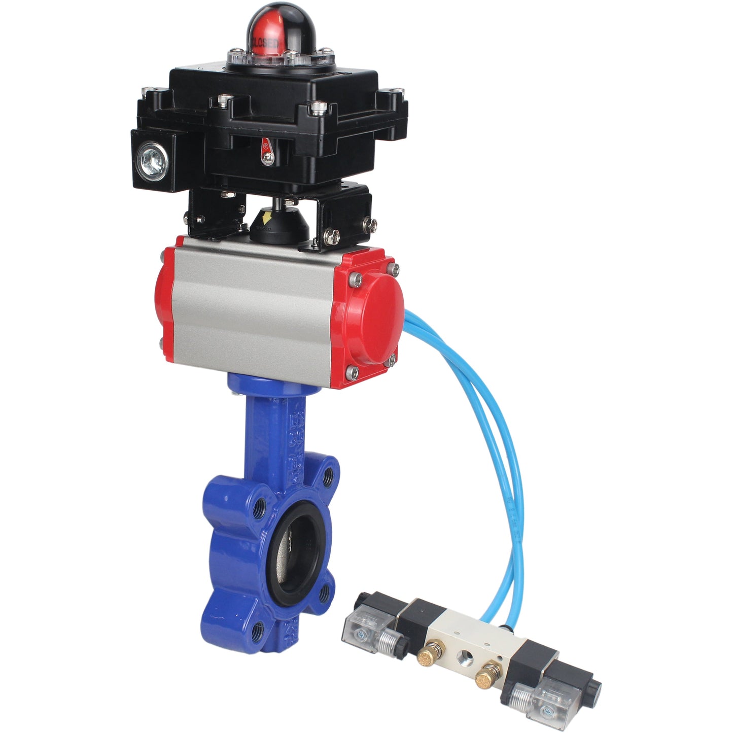 Válvula de mariposa de agua DNOVA WBV1616N-2W-Fb-H, material del cuerpo: hierro fundido QT450, material del disco: hierro fundido QT450, sello: NBR, actuador neumático PA-SA con resortes de retorno, 4V320-08 220V, LSU APL-410N EX