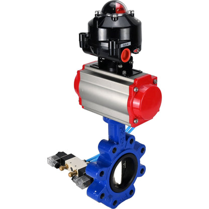 Válvula de mariposa de agua DNOVA WBV1616N-2W-Fb-H, material del cuerpo: hierro fundido QT450, material del disco: hierro fundido QT450, sello: NBR, actuador neumático PA-DA doble acción, 4V320-08 220 V, LSU APL-510N EX