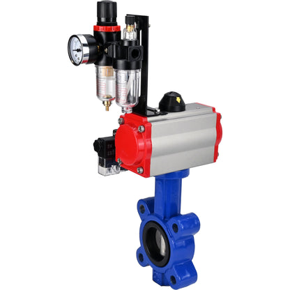 Válvula de mariposa de agua DNOVA WBV1631E-2W-Fb-H, material del cuerpo: fundición gris QT450, material del disco: acero inoxidable AISI 304, junta: EPDM, actuador neumático PA-SA con resortes de retorno, 4M310-08 24V ATU AFC2000