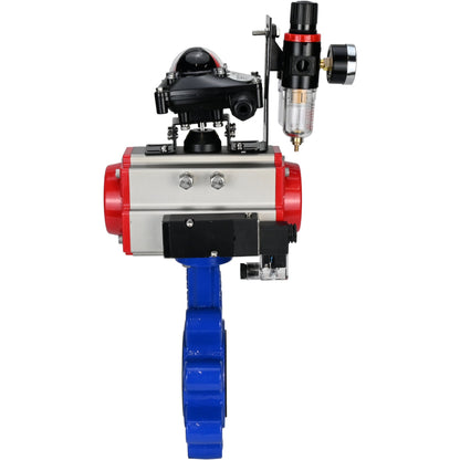 Válvula de mariposa de agua DNOVA WBV1631E-2W-Fb-H, material del cuerpo: fundición gris QT450, material del disco: acero inoxidable AISI 304, junta: EPDM, actuador neumático PA-DA de doble acción, 4M310-08 24 V, LSU APL-210N, ATU AFC2000