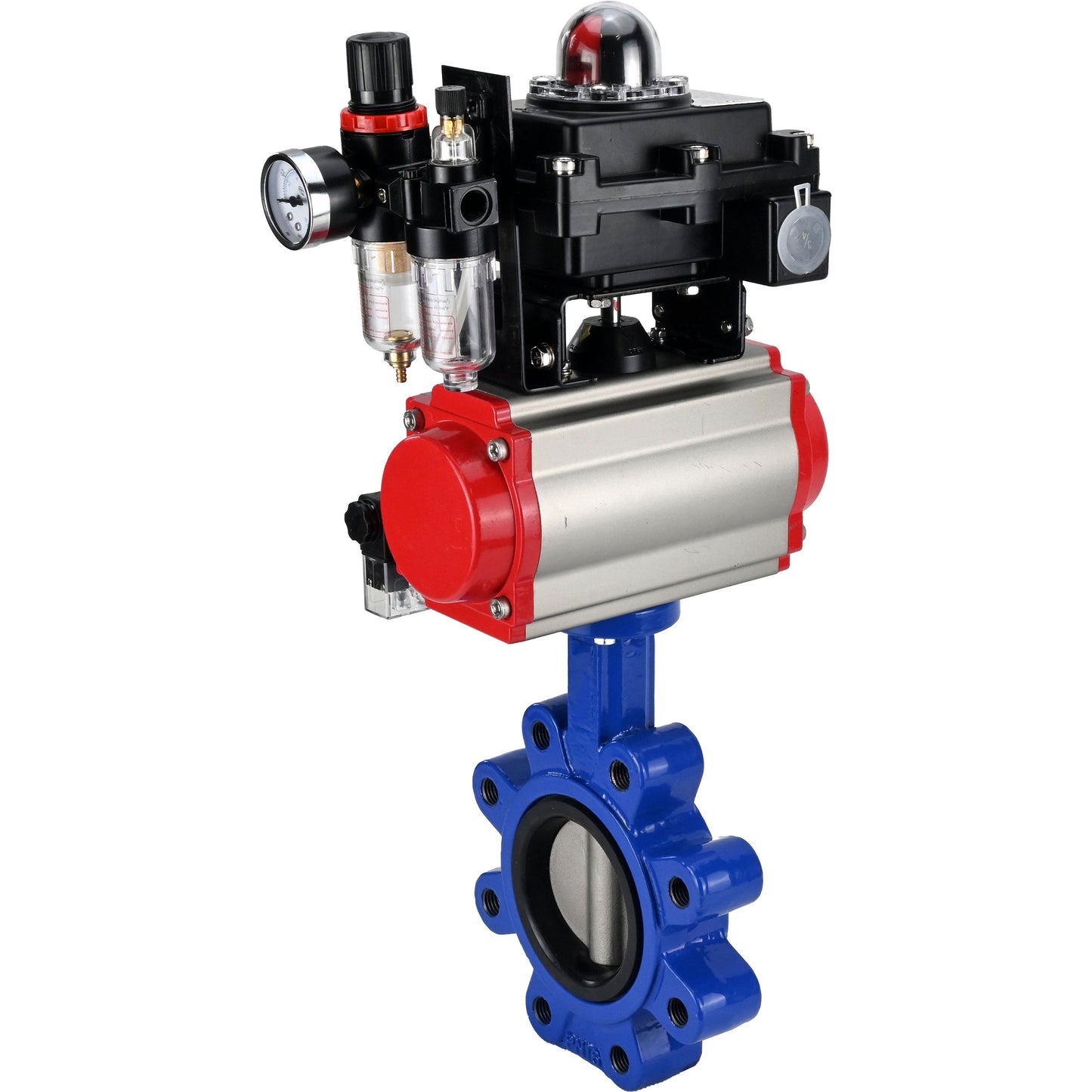 صمام فراشة الماء DNOVA WBV1631N-2W-Fb-H، مادة الهيكل: حديد زهر QT450، مادة القرص: فولاذ مقاوم للصدأ AISI 304، مانع تسرب: NBR، مشغل هوائي PA-DA مزدوج الحركة، 4M310-08 220 فولت، LSU APL-410N EX، ATU AFC2000