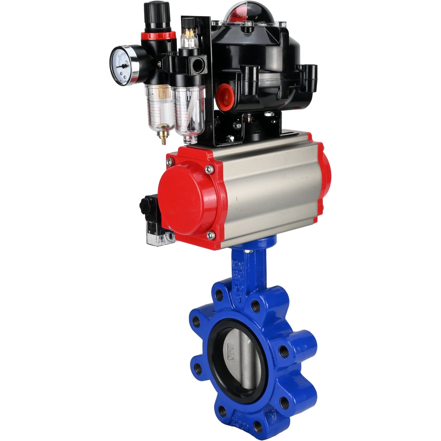 Válvula de mariposa de agua DNOVA WBV1631N-2W-Fb-H, material del cuerpo: fundición gris QT450, material del disco: acero inoxidable AISI 304, sello: NBR, actuador neumático PA-SA con resortes de retorno, 4M310-08 220V, LSU APL-510N EX, ATU AFC2000