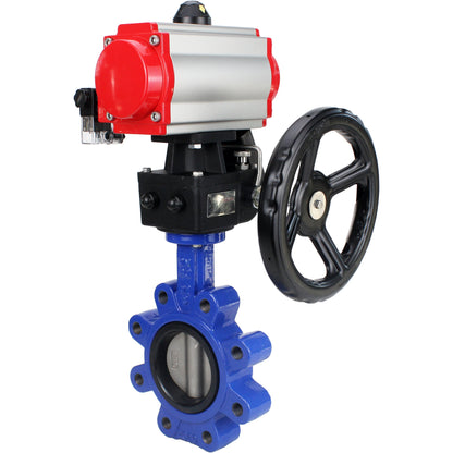 Válvula de mariposa de agua DNOVA WBV1631E-2W-Fb-H, material del cuerpo - fundición gris QT450, material del disco - acero inoxidable AISI 304, junta - EPDM, actuador neumático PA-DA doble acción, volante MON 4M310-08 24V