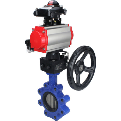 Válvula de mariposa de agua DNOVA WBV1631E-2W-Fb-H, material del cuerpo - fundición gris QT450, material del disco - acero inoxidable AISI 304, junta - EPDM, actuador neumático PA-DA doble acción, 4M310-08 220V, LSU APL-210N, volante MON